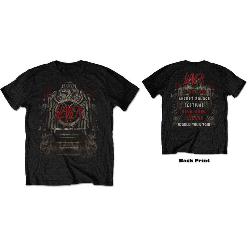 SLAYER UNISEX TEE: EAGLE GRAVE 21/06/18 ICELAND EVENT (BACK PRINT/EX TOUR) (SMALL)