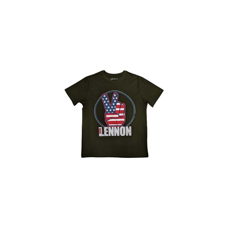 JOHN LENNON UNISEX TEE: PEACE FINGERS US FLAG (MEDIUM)